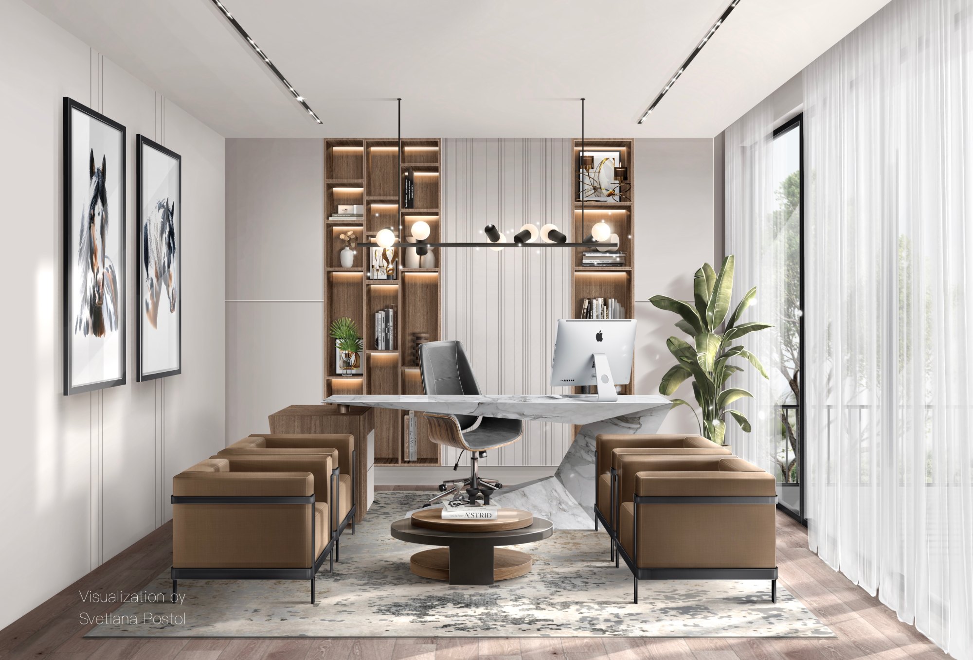 Office with a desk, leather armchairs and a round coffee table