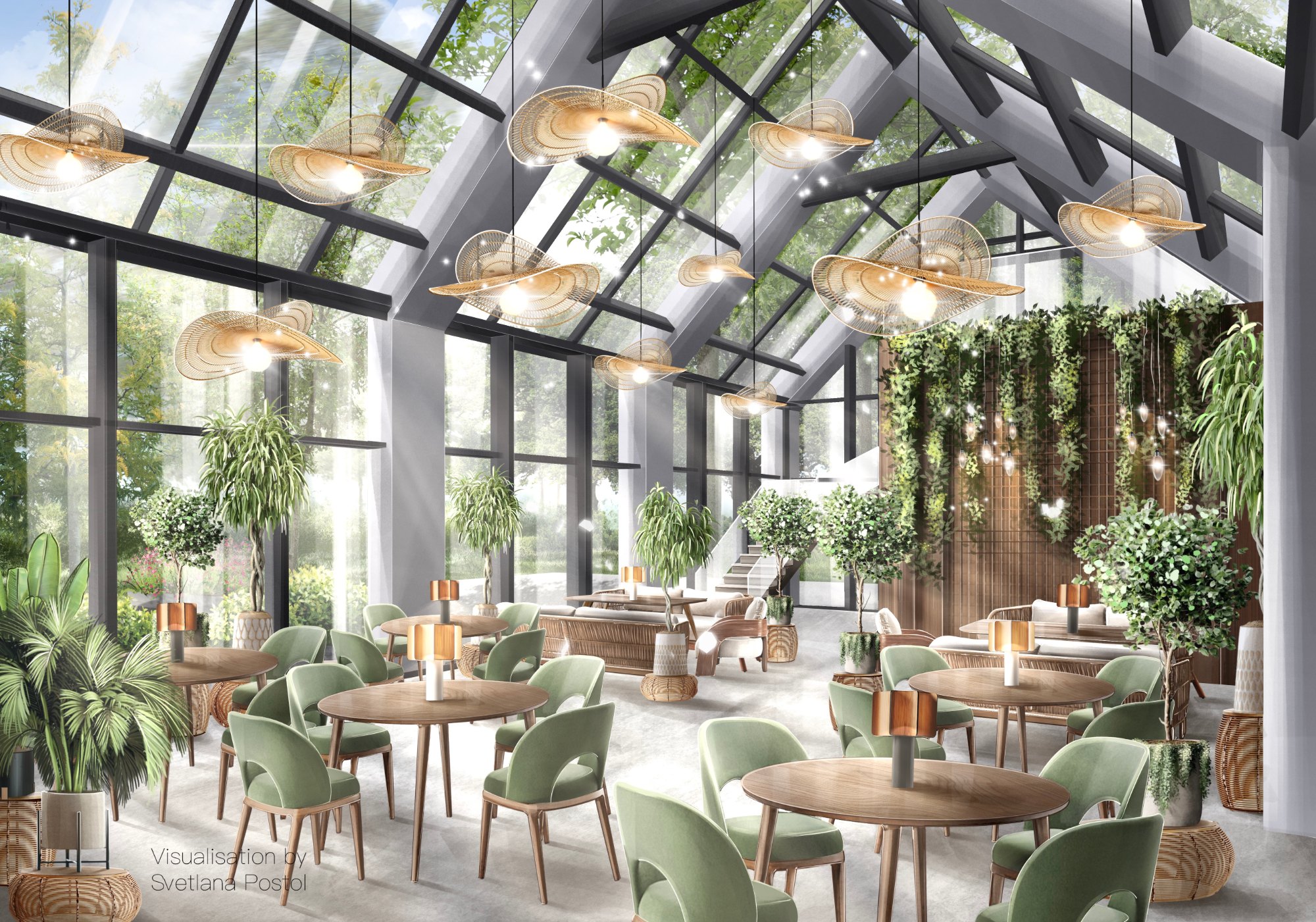 Glass-roofed orangery café with green chairs and hanging plants