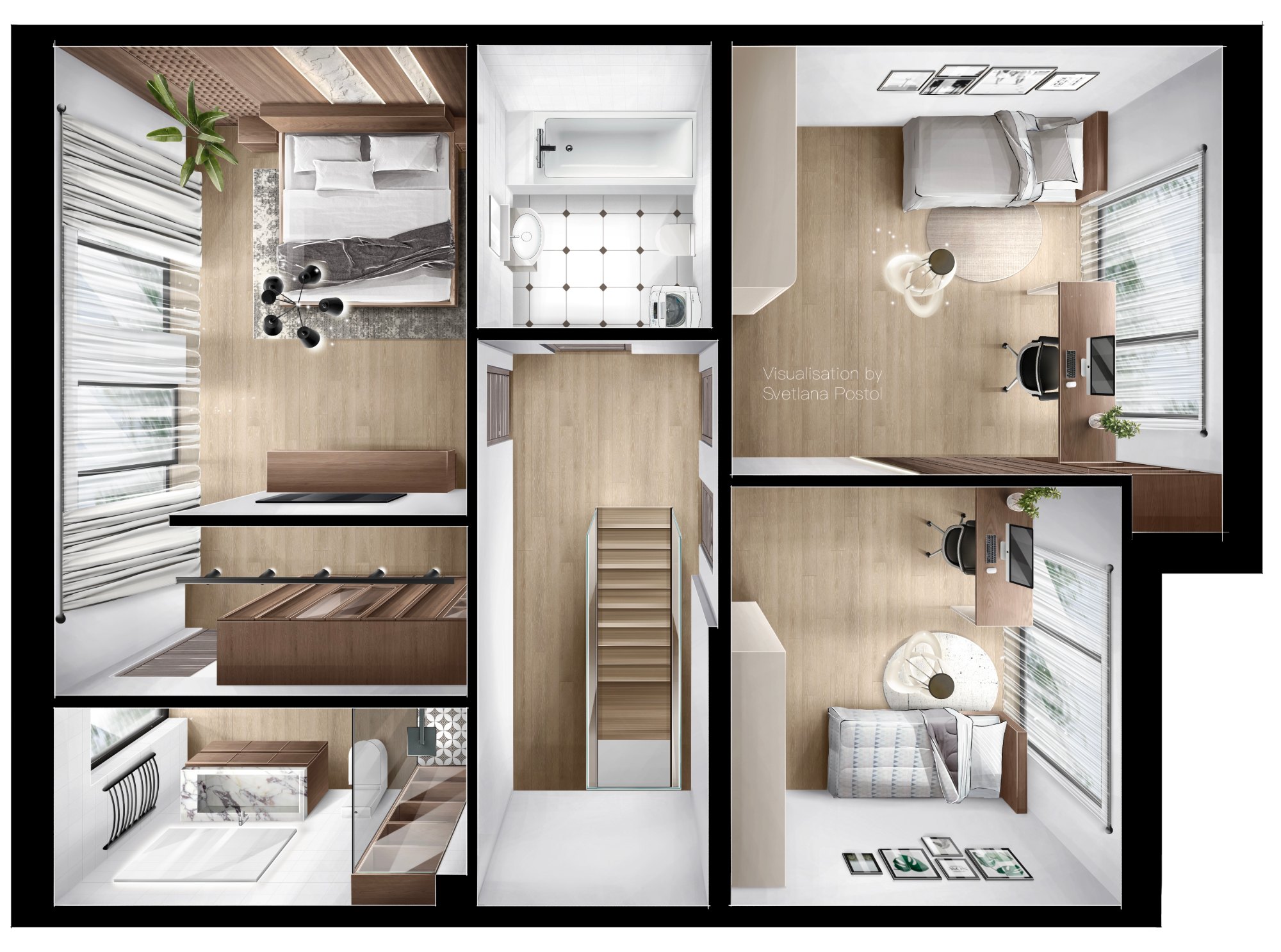 3D floor plan of an upper floor with three bedrooms and a staircase