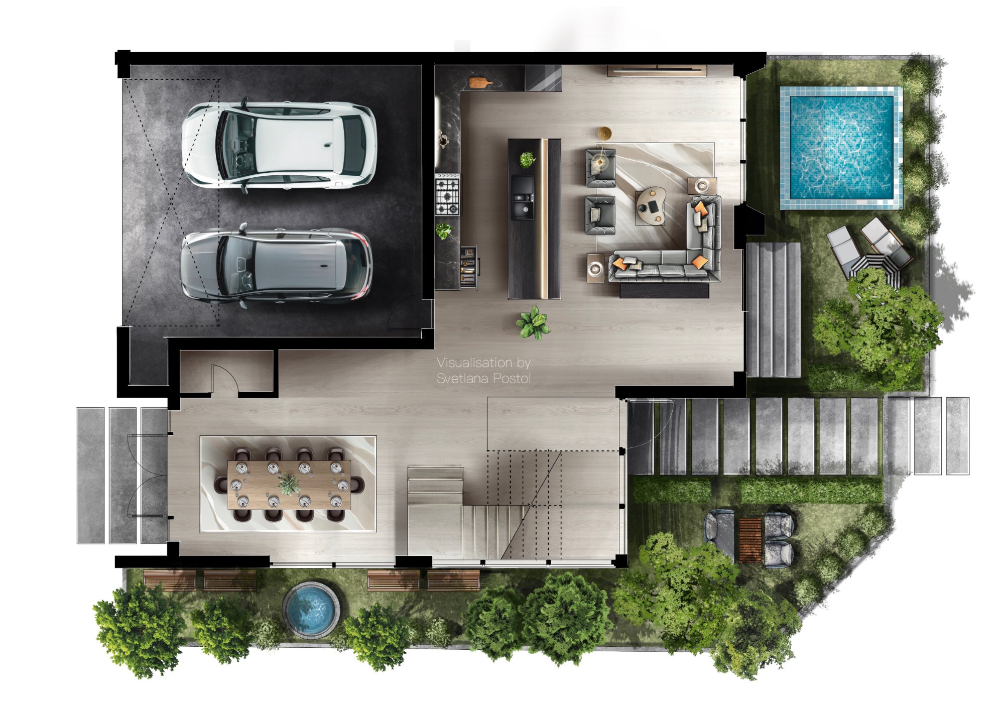 2D color floor plan of a house with a garage, a garden and a pool
