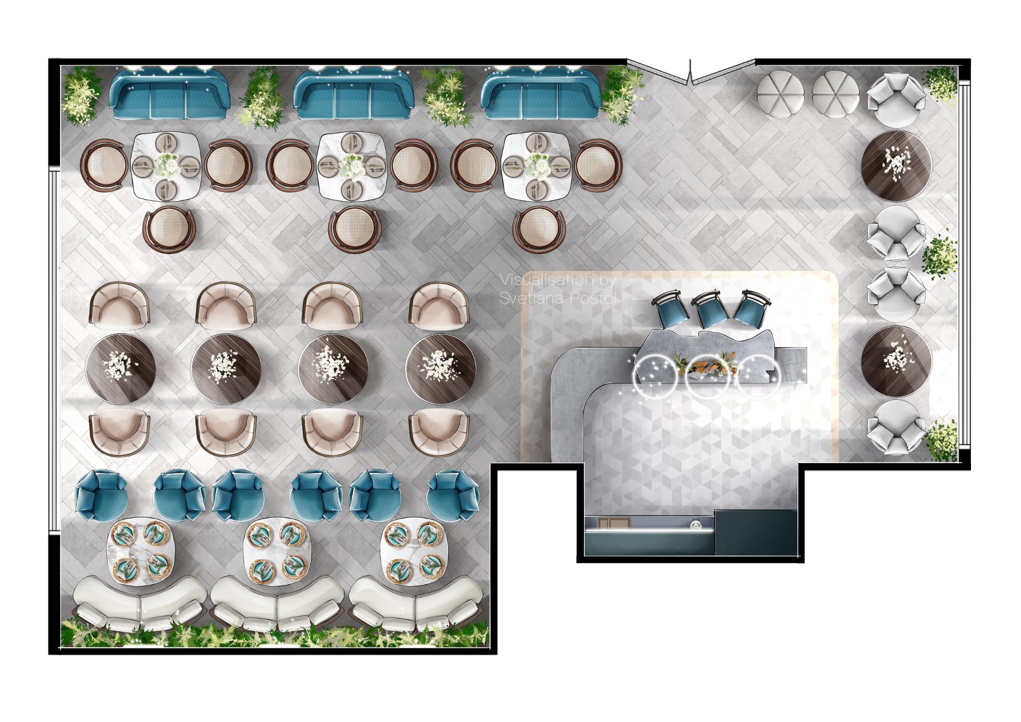 2D color plan of a restaurant with booths and a bar