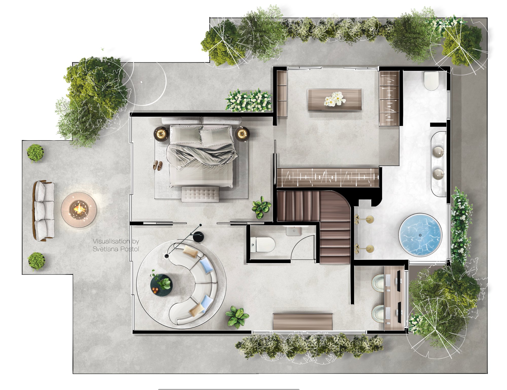 2D color floor plan of a penthouse with a planted roof terrace
