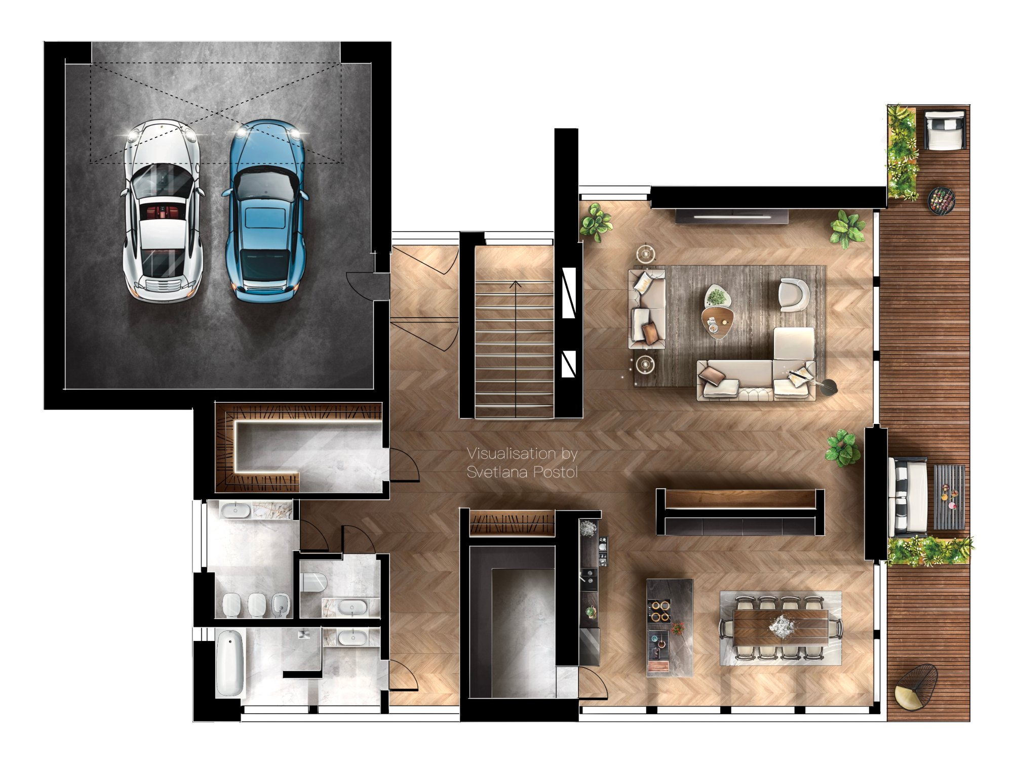 2D color floor plan of a house with a two-car garage
