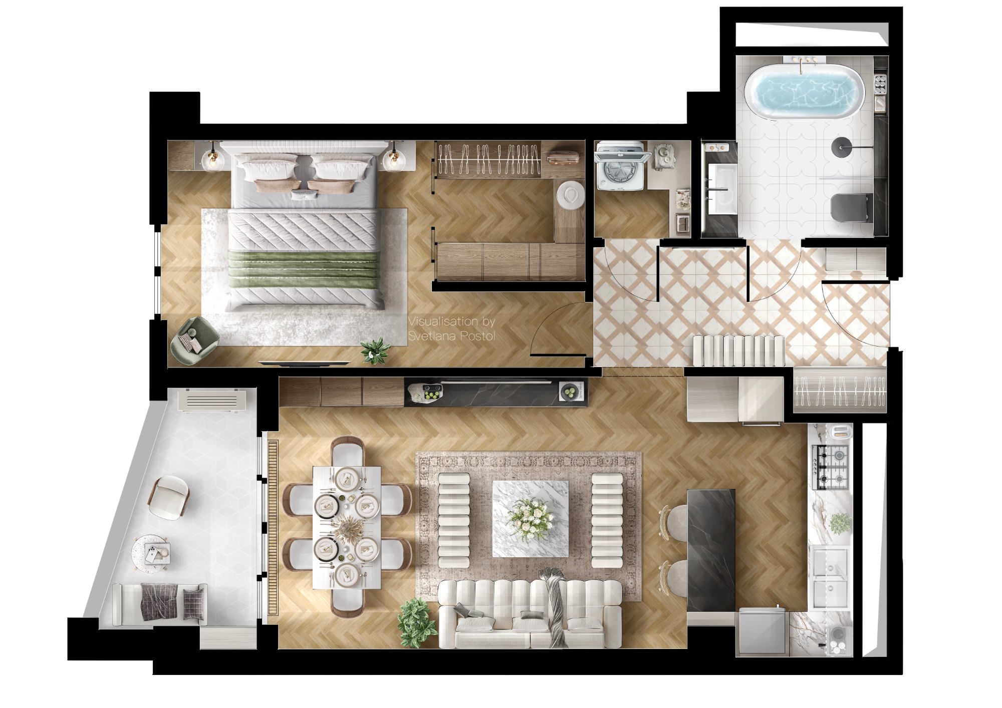 2D color floor plan of an upper floor with a primary suite