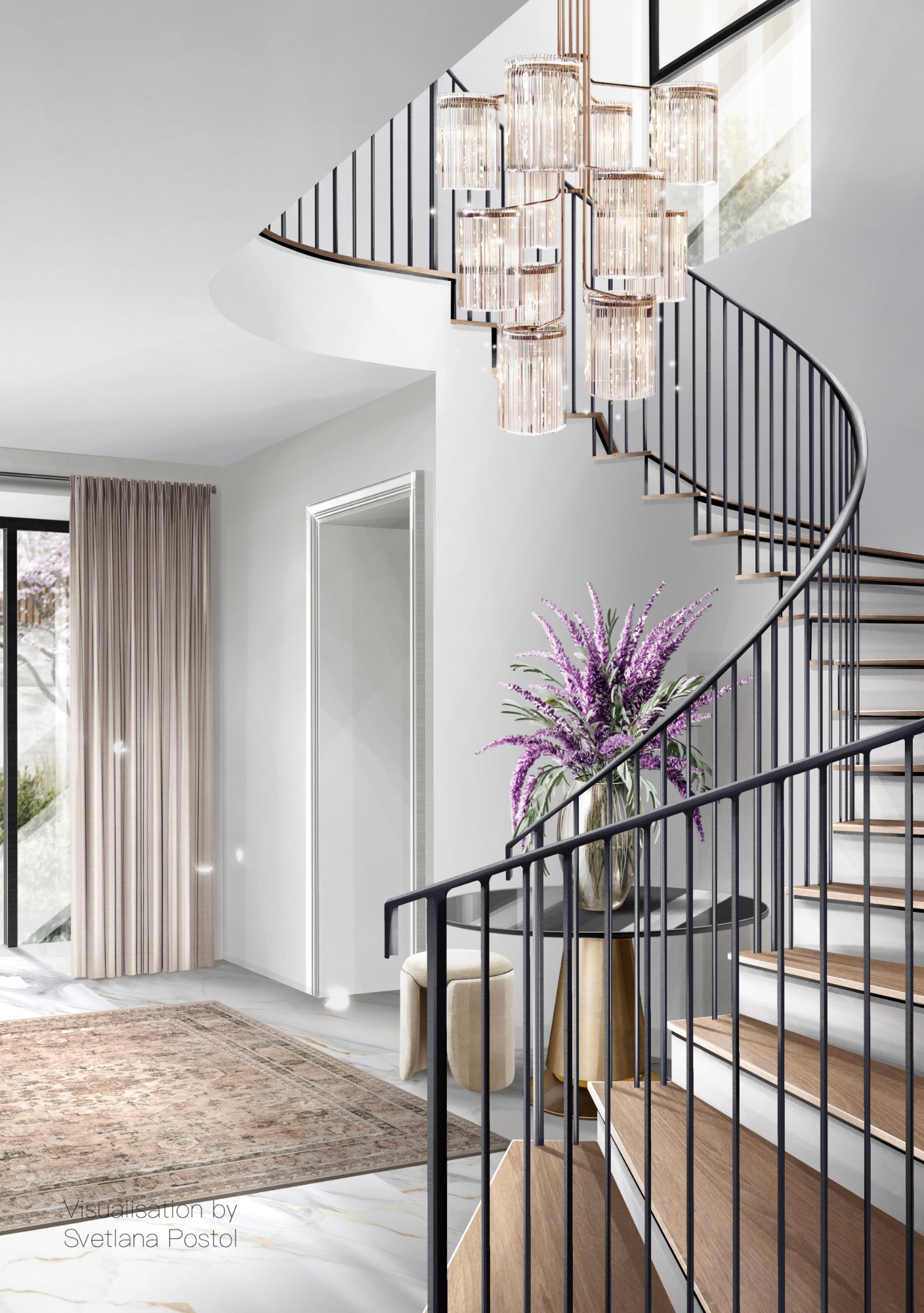 Entry with a spiral staircase and a crystal chandelier