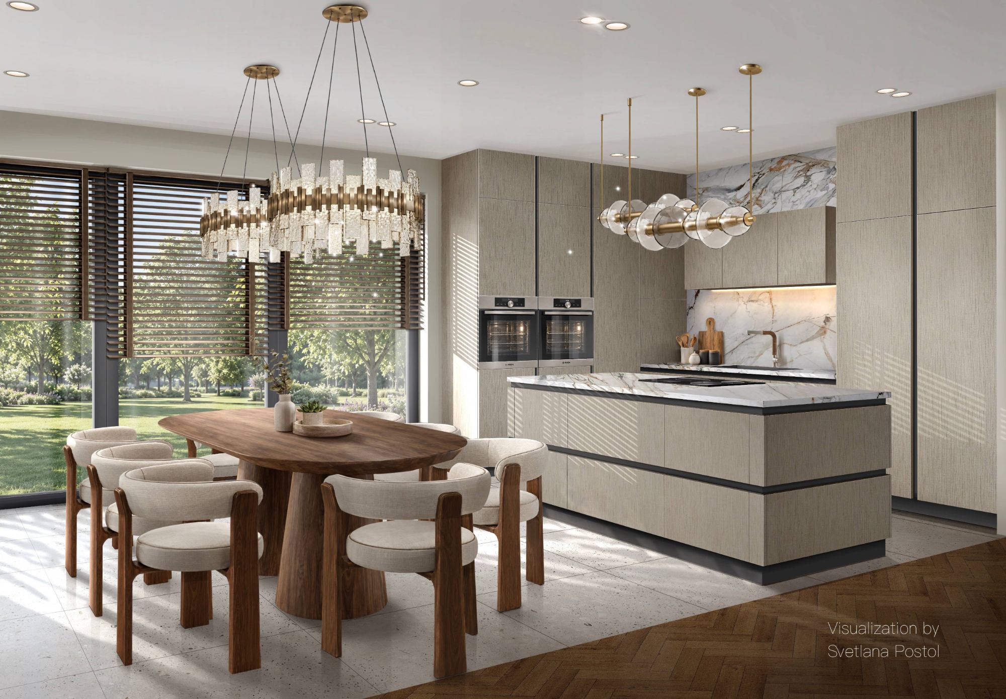 Open kitchen and dining room rendering with a walnut table, crystal chandeliers and a marble island