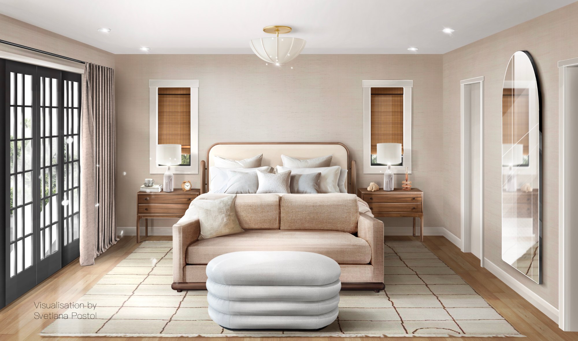 Final interior rendering of a primary bedroom with an upholstered bed, a sofa and an arched mirror