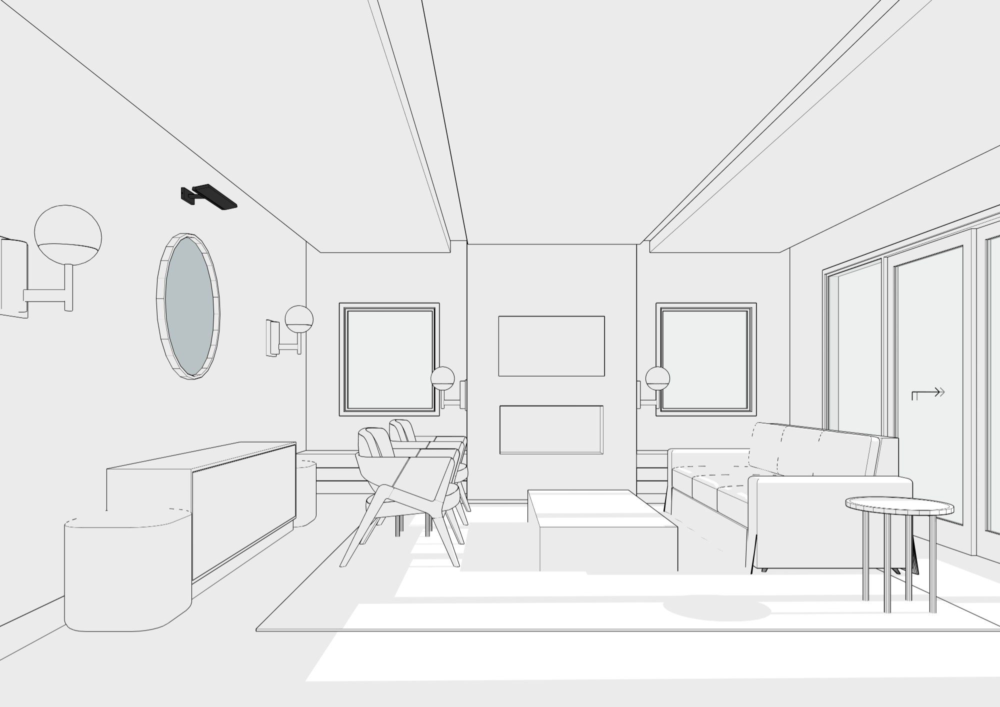 The chosen 3D model angle for the same living room view