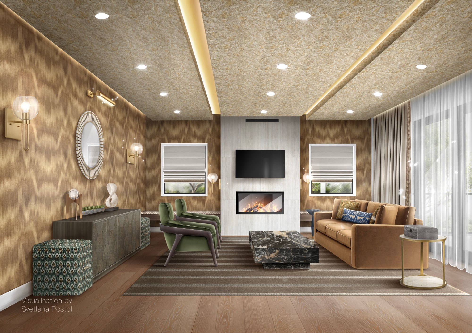Final interior rendering of a living room with flame-pattern wallpaper, green armchairs, a marble coffee table and a fireplace wall