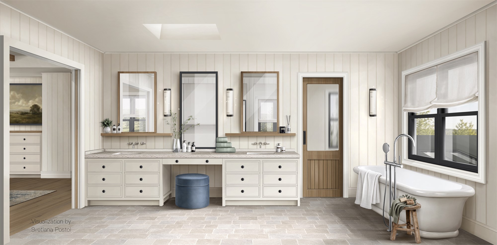 Final interior rendering of a primary bathroom with a freestanding tub, upper floor of a family home in Australia