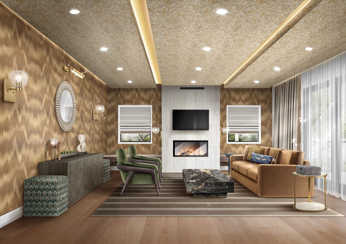 Interior rendering of a living room with a fireplace and gold wallcovering