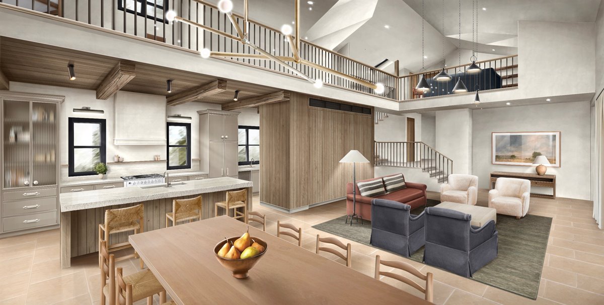 Interior rendering of an open loft kitchen and living room