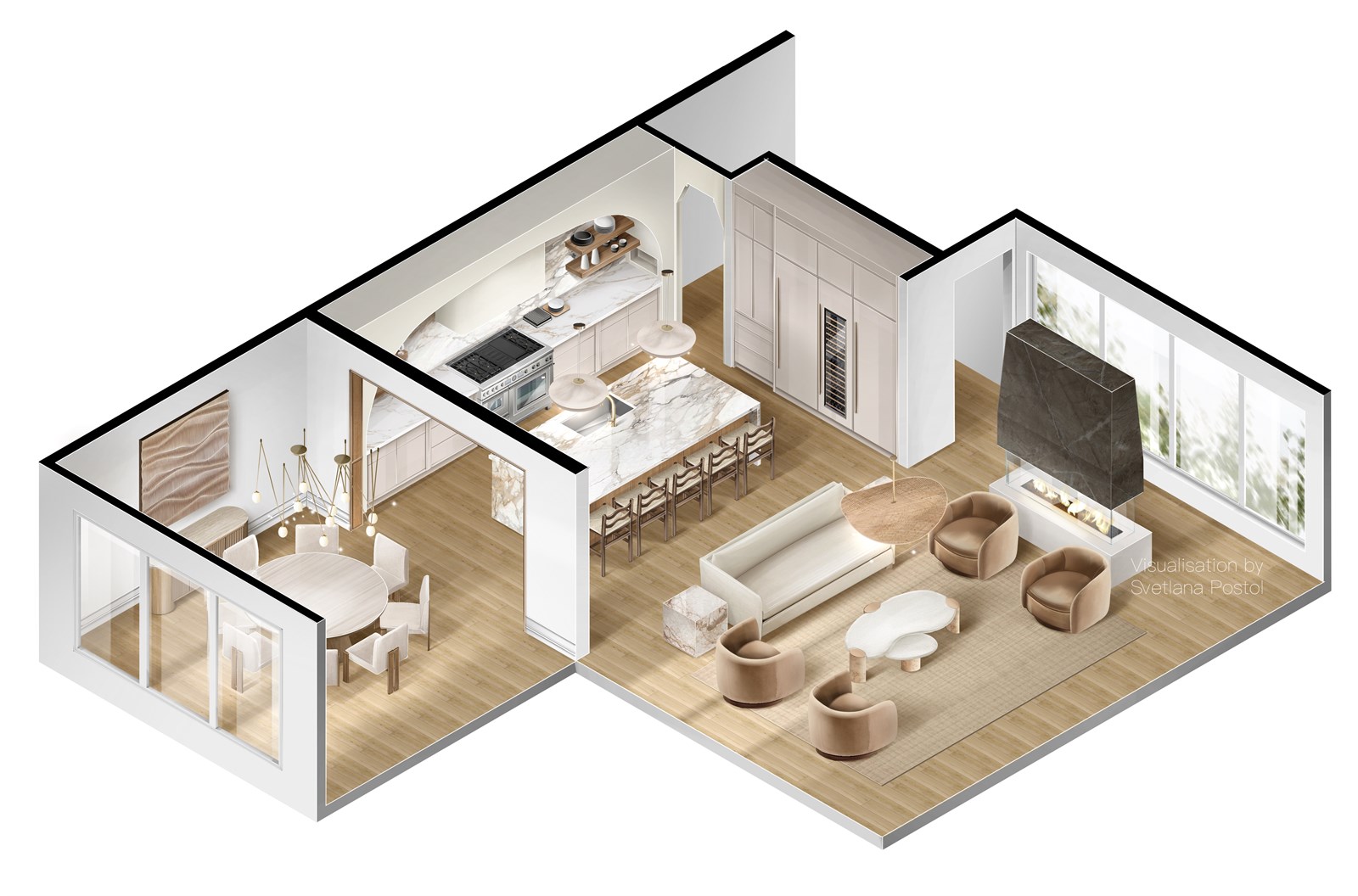 Axonometric view of a living, dining and kitchen area