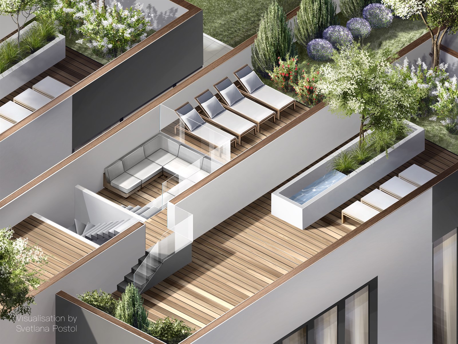 Axonometric view of a rooftop terrace with loungers