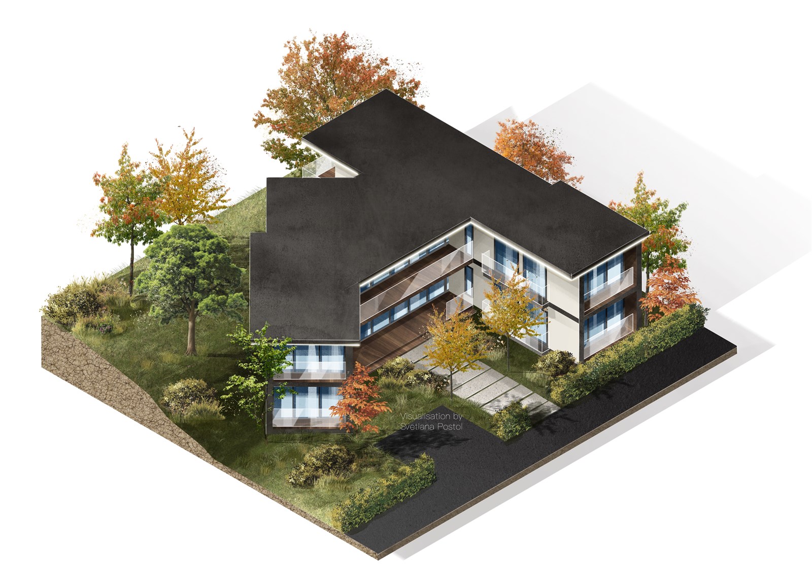 Axonometric view of a modern house on its site