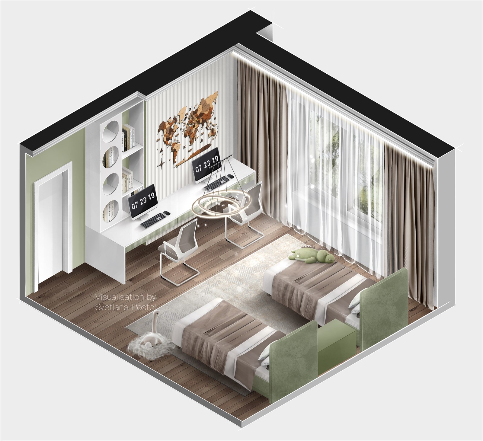 Axonometric view of a teenager's bedroom with a desk