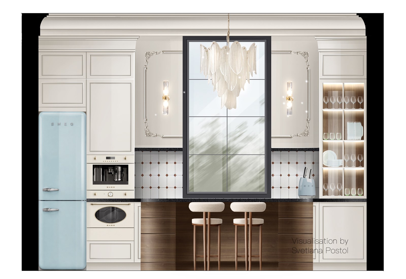 Kitchen wall elevation with a range hood and a blue refrigerator