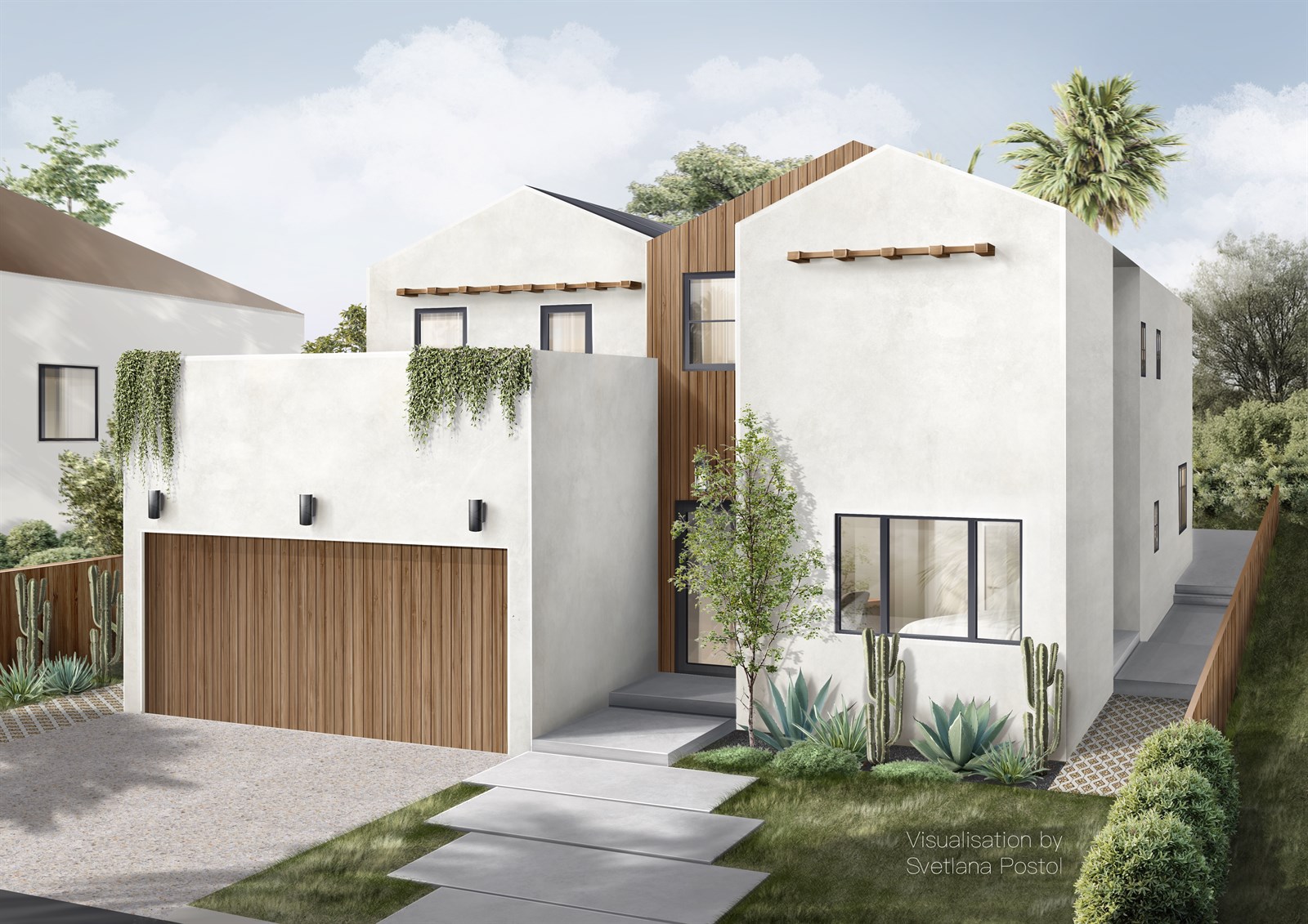 Exterior rendering of a white stucco house with a wooden garage door