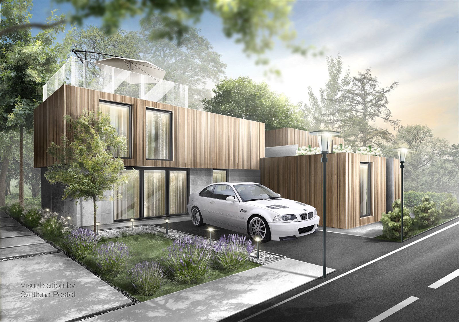 Exterior rendering of a modern house with wood cladding and a carport