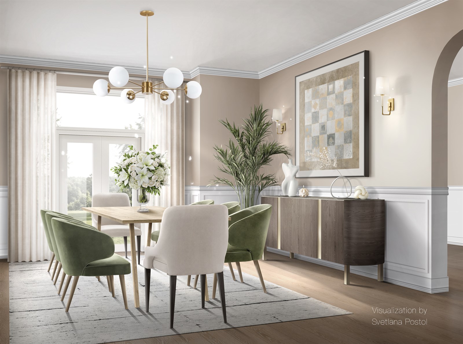 Interior rendering of a dining room with green velvet chairs and a sideboard