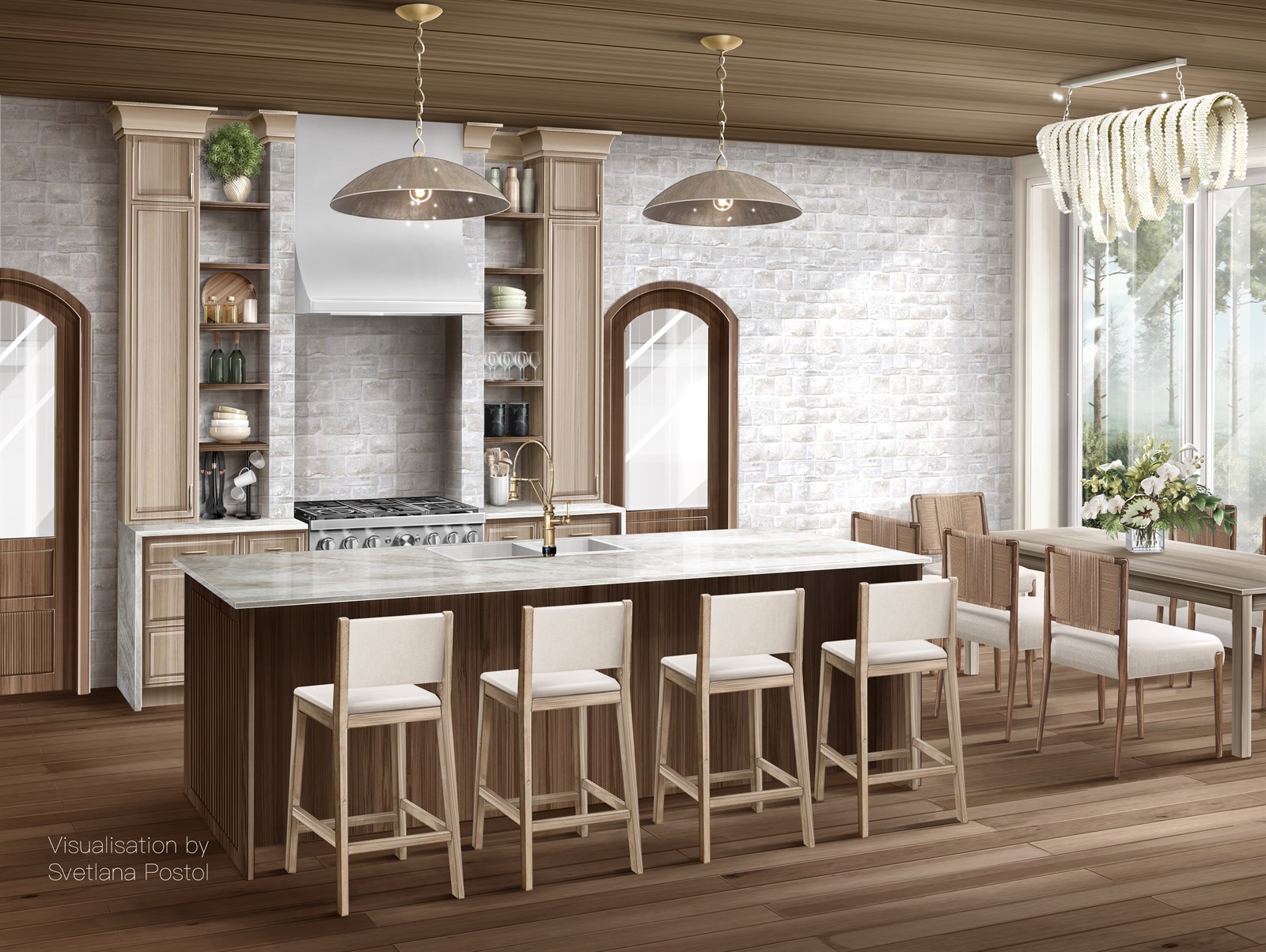Interior rendering of a kitchen with an island, arched windows and pendant lights