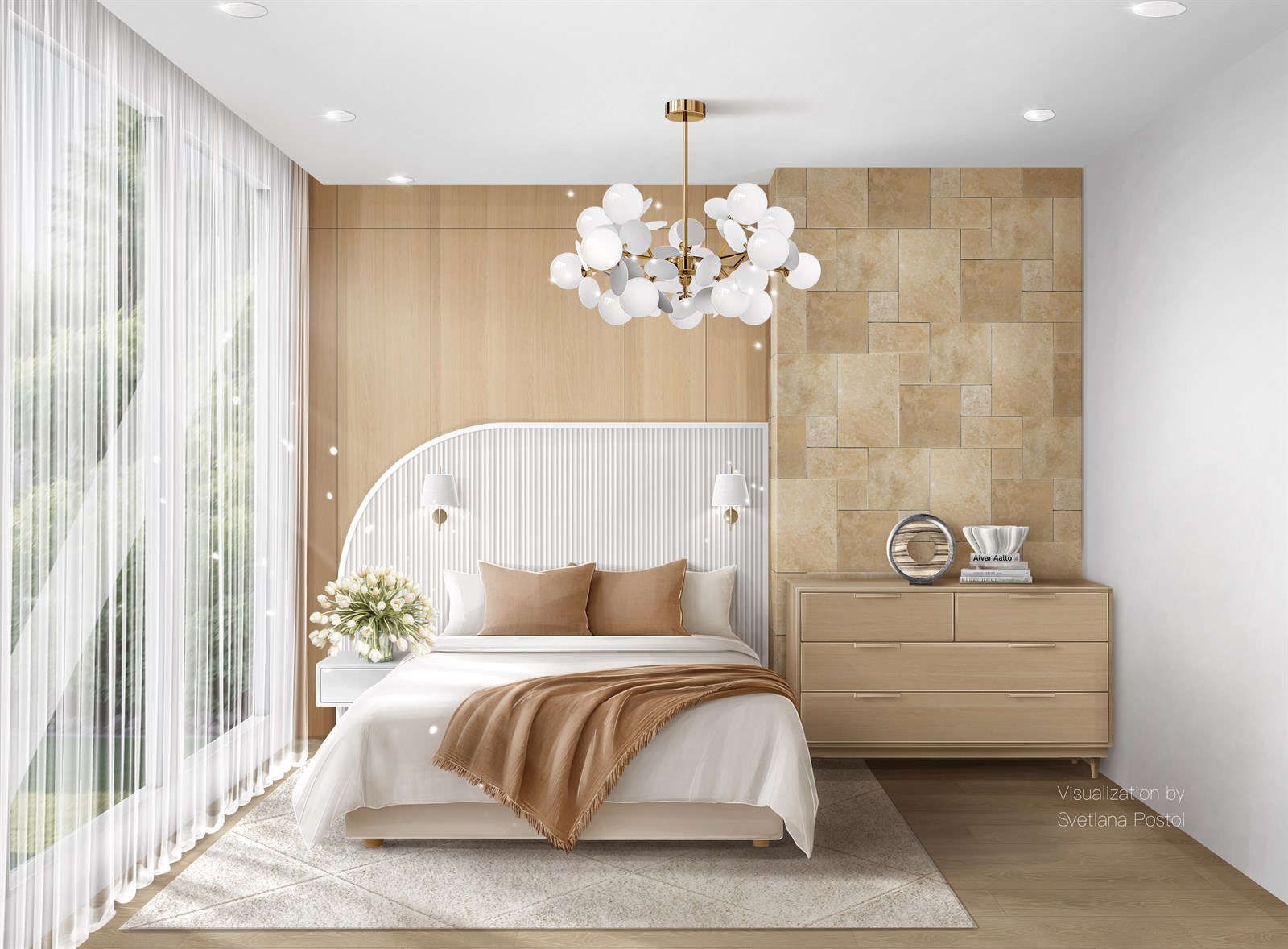 Interior rendering of a bedroom with a curved headboard and a chandelier