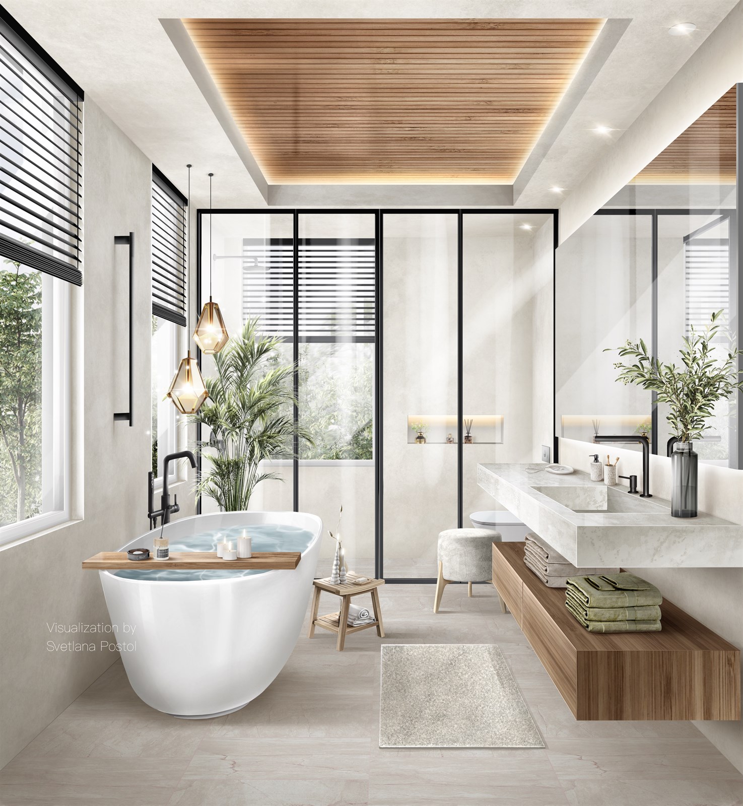 Interior rendering of a bathroom with a freestanding tub and a glass shower