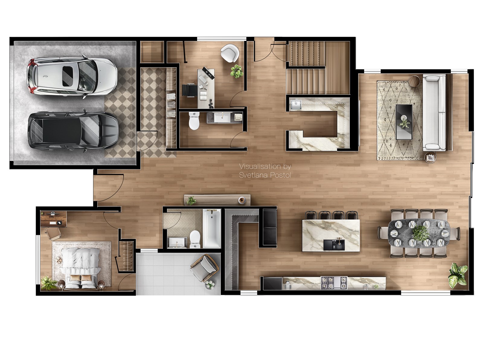 2D color floor plan with a garage, kitchen and living area
