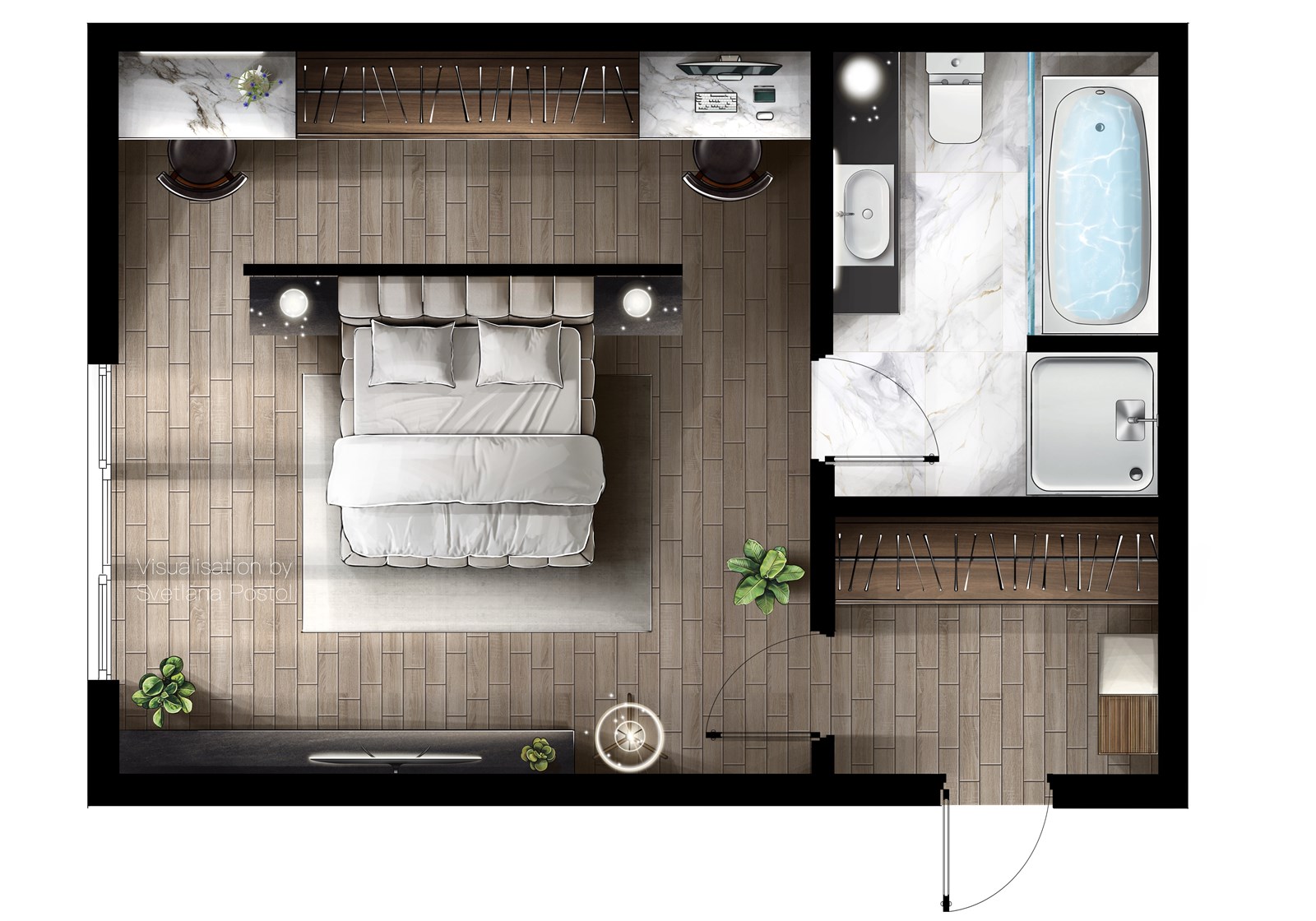 2D color floor plan of a primary suite with a bathroom