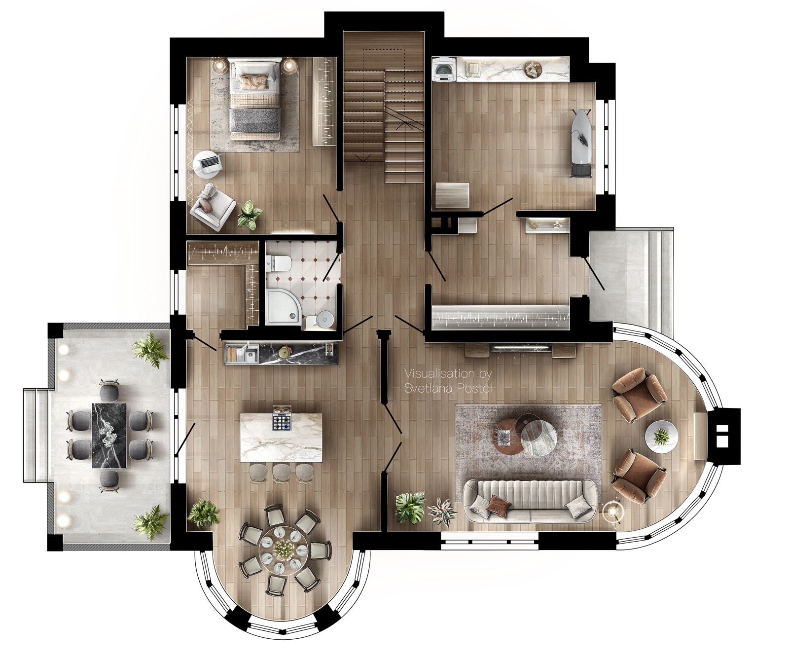 2D color floor plan of a house with a round dining bay