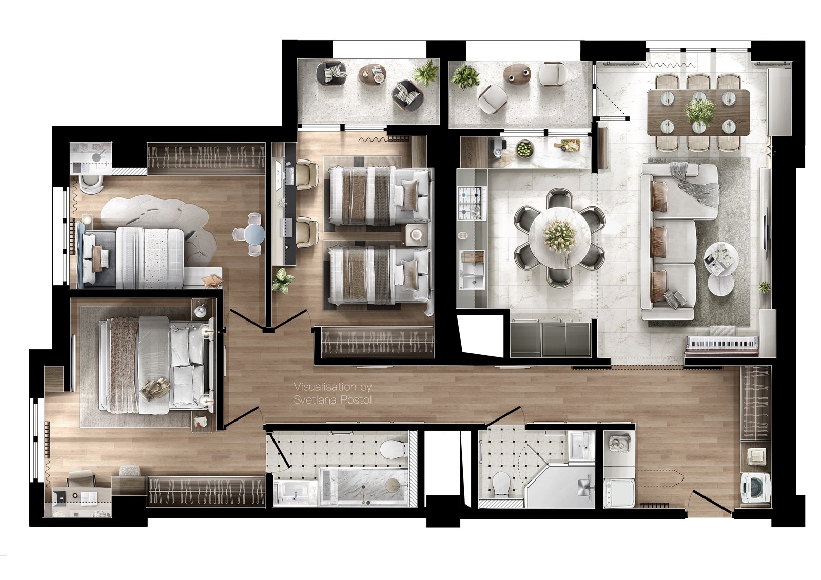 2D color floor plan of a family home