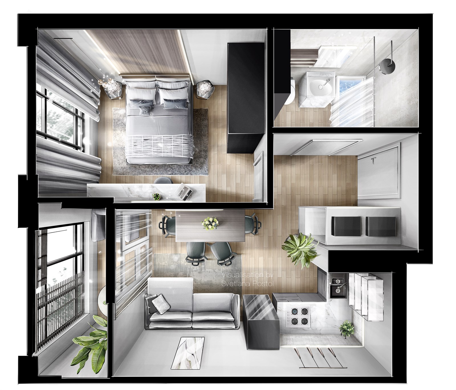 3D floor plan of an apartment with a bedroom and a living area