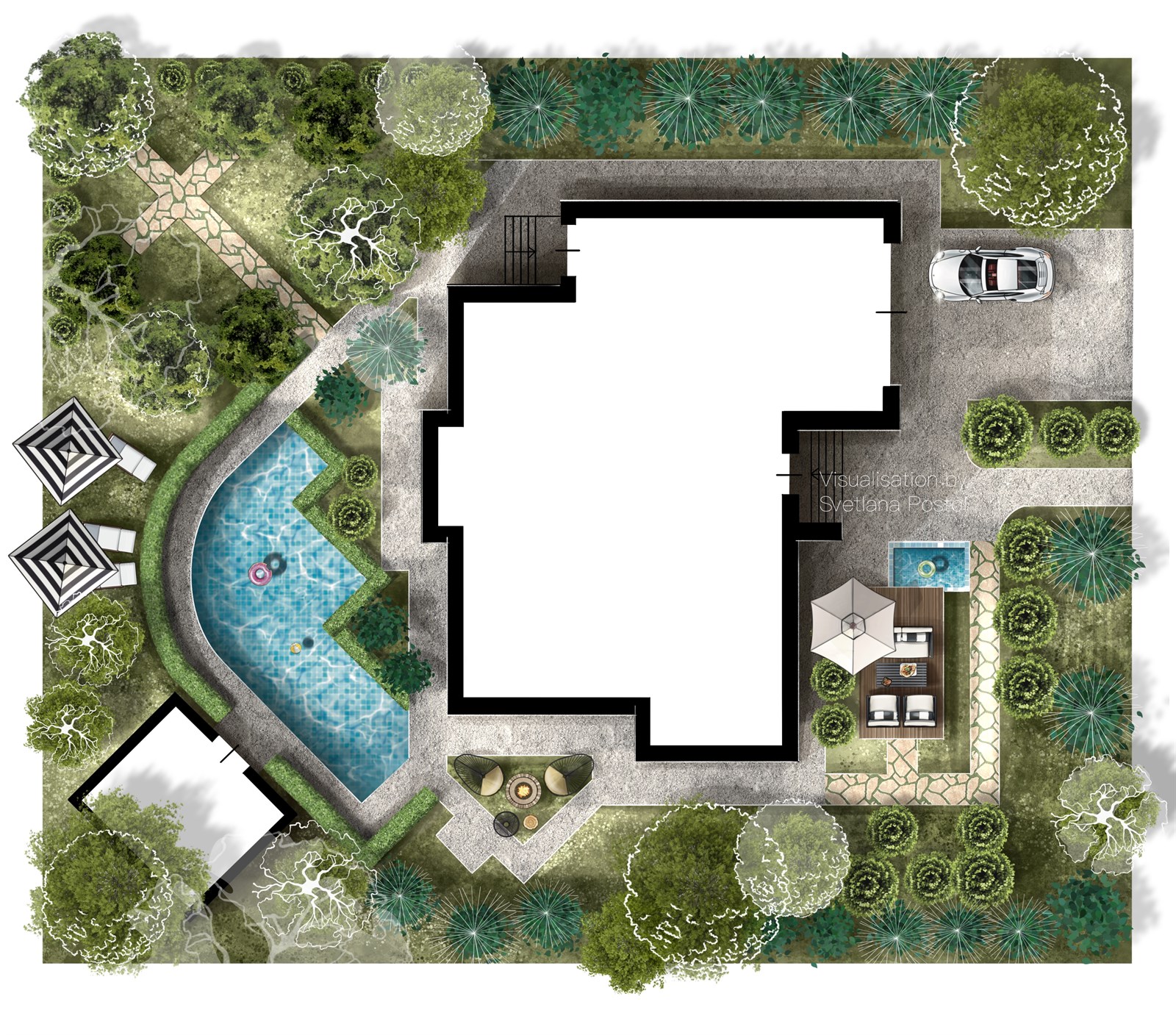 Site plan with a house, a pool and a garden