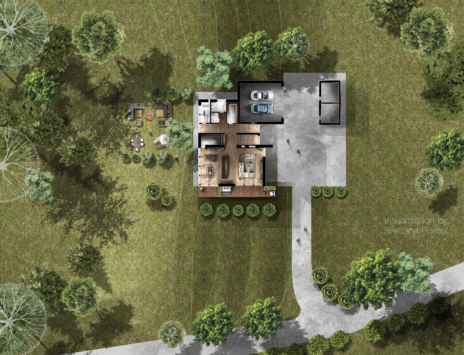 Site plan of a house among trees with a driveway