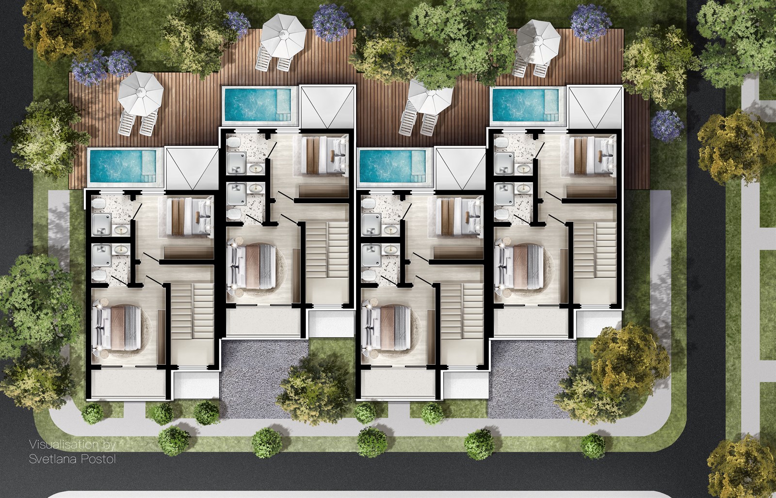 Site plan of a row of townhouses with pools