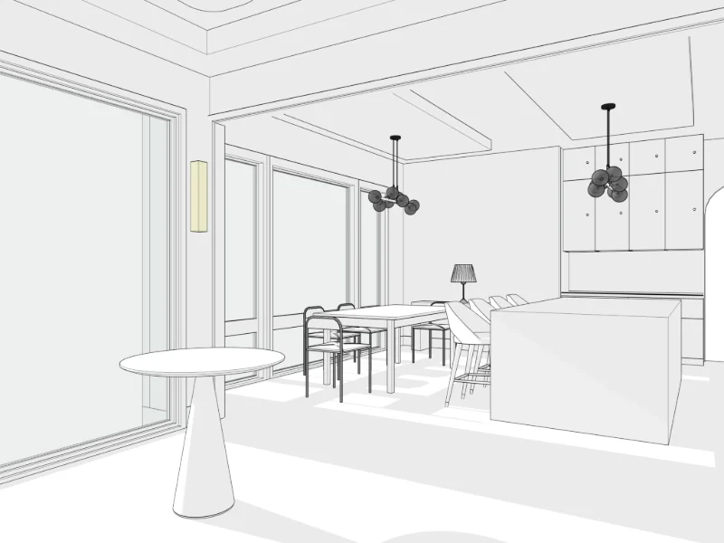 Living, kitchen and hallway · white, view 1 in SketchUp