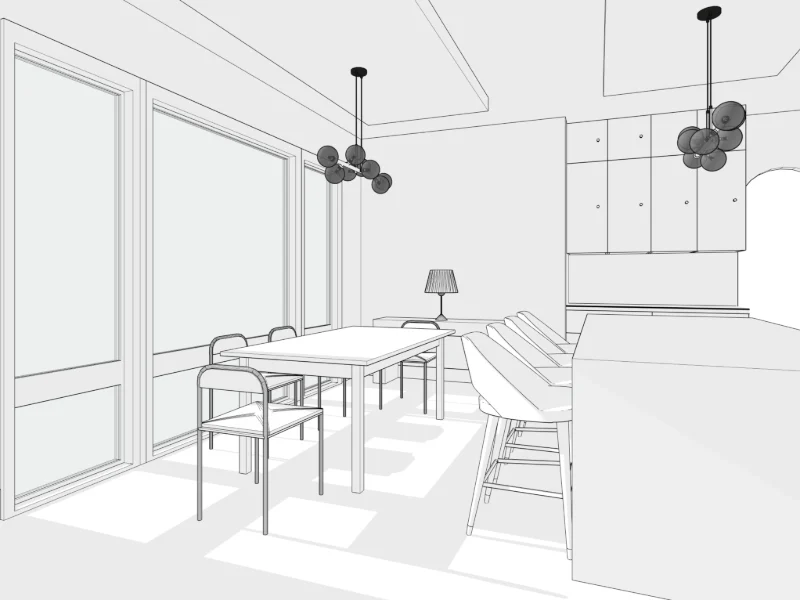Living, kitchen and hallway · white, view 2 in SketchUp