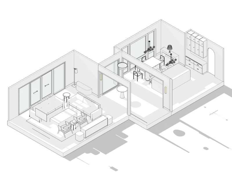 Living, kitchen and hallway · white, view 3 in SketchUp