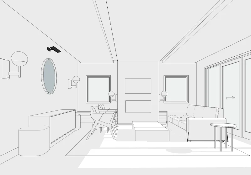 Living, kitchen and hallway · white, view 4 in SketchUp
