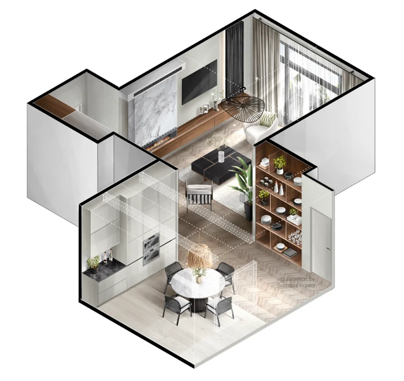 Axonometric view of a small apartment