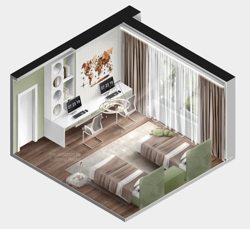 Axonometric view of a bedroom with a home office corner