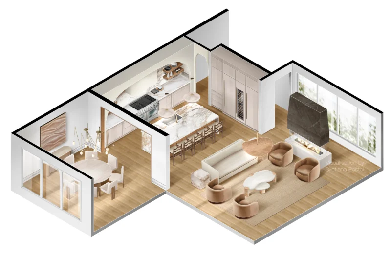 Axonometric view of a kitchen and living room