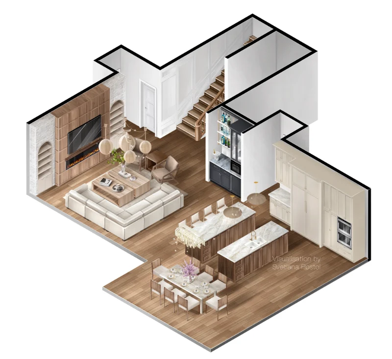 Axonometric view of an open-plan living room, kitchen and dining area with stairs