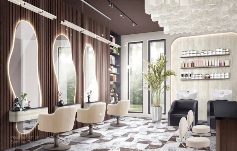 Beauty salon with arched mirrors and cream styling chairs