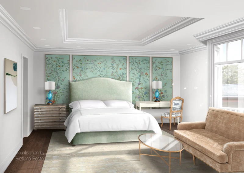 Primary bedroom with a sage green headboard and painted wall panels