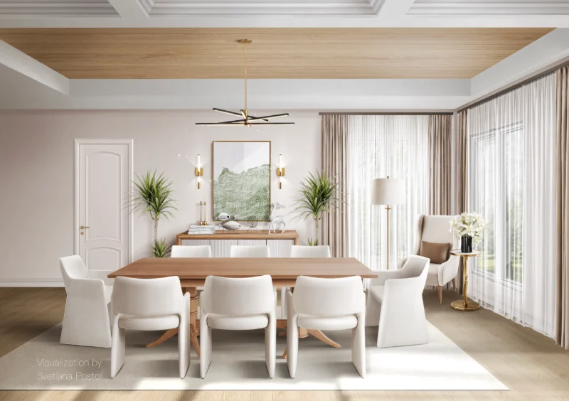 Dining room with a long table and white upholstered chairs
