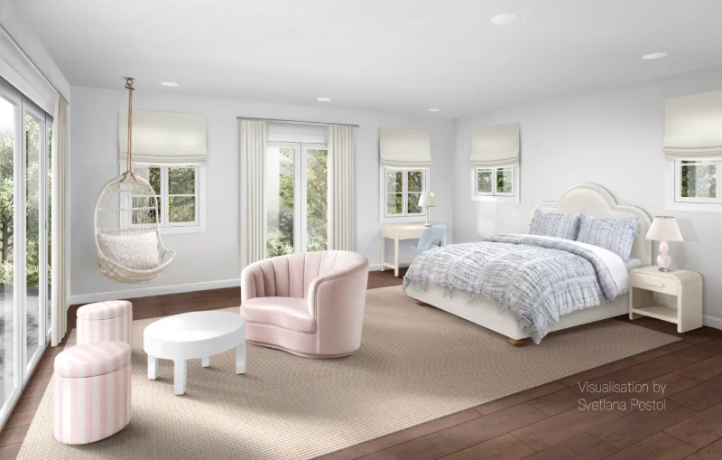 Girl's bedroom with a hanging chair and a pink armchair