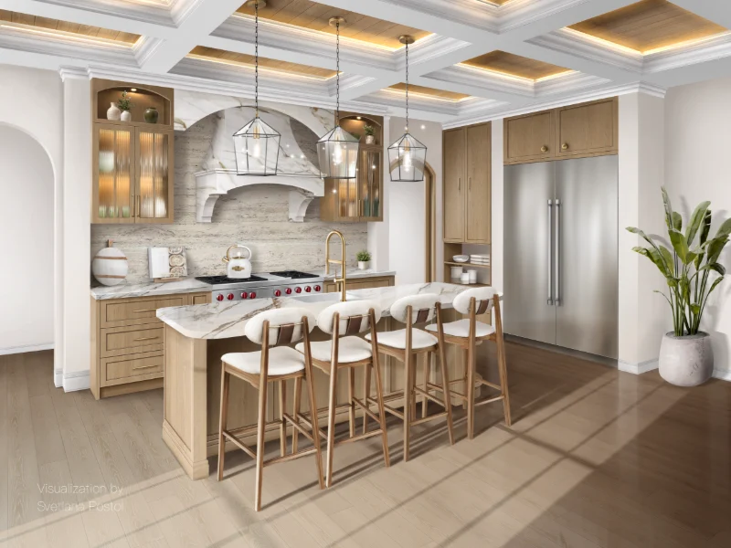 Kitchen with a coffered ceiling, a large island and bar stools
