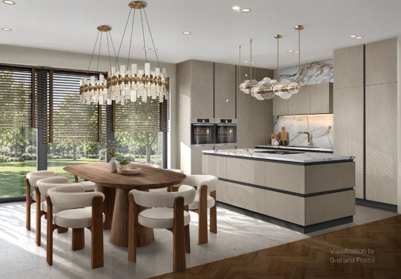 Kitchen and dining room with a crystal chandelier