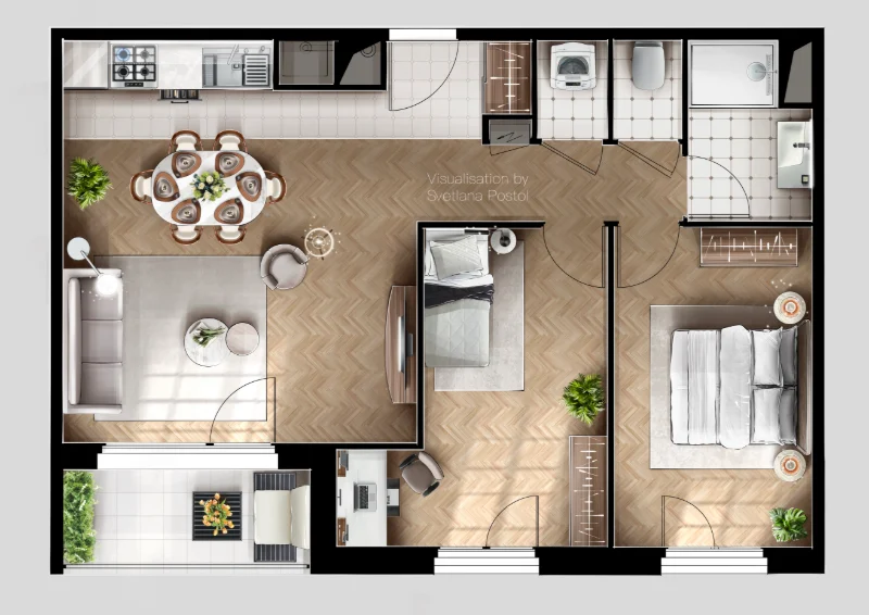 2D color floor plan of an apartment with a dining area and two bedrooms